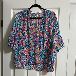 Tyler Boe 100% Silk Colorful Floral Short Sleeve Ruffle V Neck Blouse Size XL